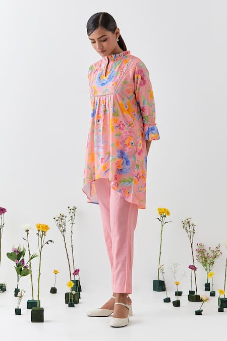 Chrkha_Peach Cotton, Linen Collared Floral Printed Tunic Co-ord Set _Online_at_Aza_Fashions