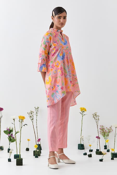 Buy_Chrkha_Peach Cotton, Linen Collared Floral Printed Tunic Co-ord Set _Online_at_Aza_Fashions