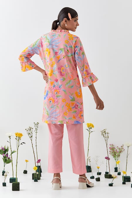 Chrkha Floral Peach Printed Tunic Co-Ord Set 