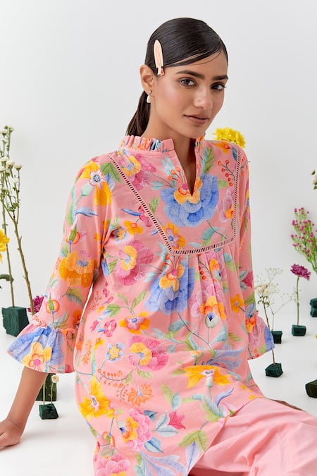 Shop_Chrkha_Peach Cotton, Linen Collared Floral Printed Tunic Co-ord Set _Online_at_Aza_Fashions