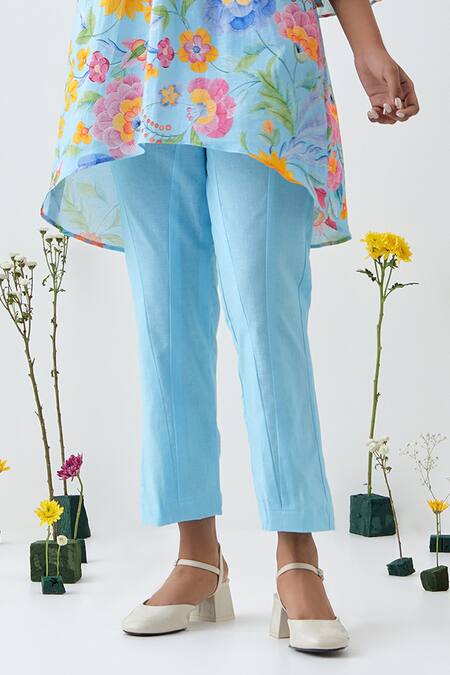 Chrkha_Blue Cotton, Linen Collared Floral Printed Tunic And Pant Set _Online_at_Aza_Fashions