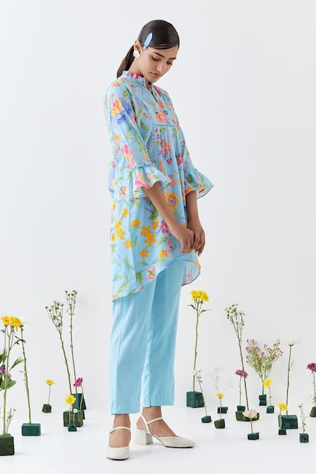 Buy_Chrkha_Blue Cotton, Linen Collared Floral Printed Tunic And Pant Set _Online_at_Aza_Fashions