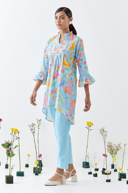 Shop_Chrkha_Blue Cotton, Linen Collared Floral Printed Tunic And Pant Set _Online_at_Aza_Fashions