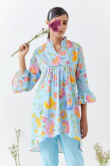 Chrkha_Blue Cotton, Linen Collared Floral Printed Tunic And Pant Set _at_Aza_Fashions