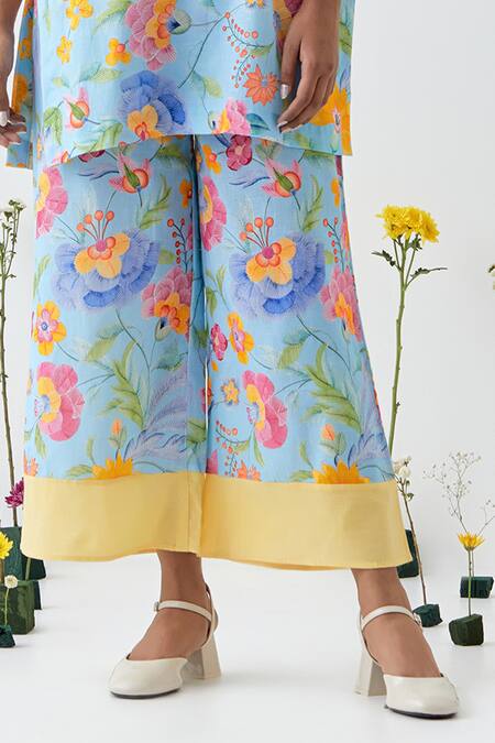 Chrkha_Blue Cotton, Linen Tassels Collared Floral Printed Kurta Set _Online_at_Aza_Fashions