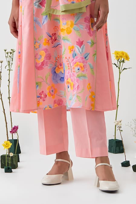 Chrkha_Peach Cotton, Linen Round Neck Floral Printed Kurta Set _Online_at_Aza_Fashions