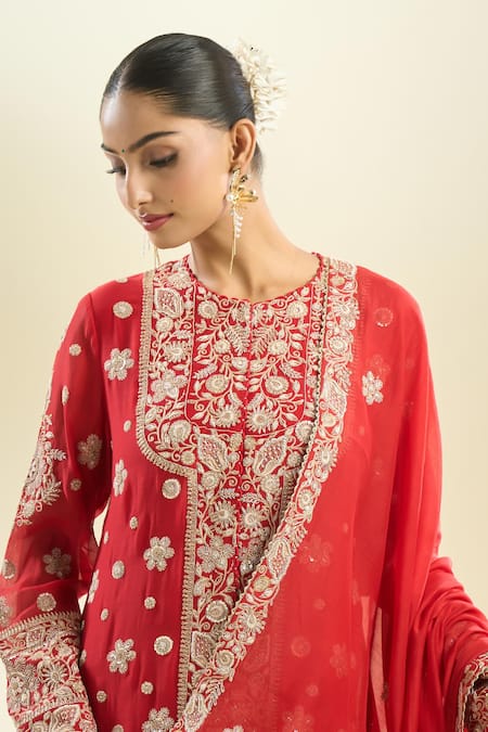 Anamika Khanna_Red Sequins, Pearls, Embroidery Round Neck Floral Kurta Draped Skirt Set _Online_at_Aza_Fashions
