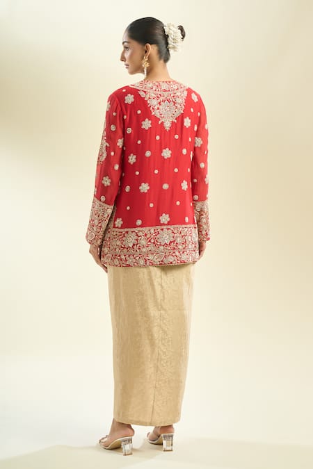Shop_Anamika Khanna_Red Sequins, Pearls, Embroidery Round Neck Floral Kurta Draped Skirt Set _at_Aza_Fashions