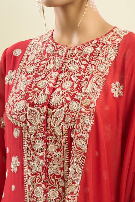 Buy_Anamika Khanna_Red Sequins, Pearls, Embroidery Round Neck Floral Kurta Draped Skirt Set _Online_at_Aza_Fashions