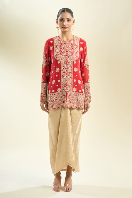 Shop_Anamika Khanna_Red Sequins, Pearls, Embroidery Round Neck Floral Kurta Draped Skirt Set _Online_at_Aza_Fashions