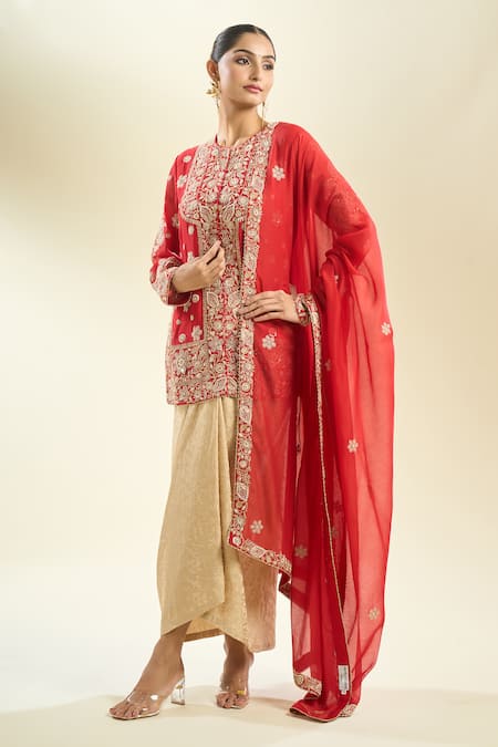 Anamika Khanna_Red Sequins, Pearls, Embroidery Round Neck Floral Kurta Draped Skirt Set _at_Aza_Fashions