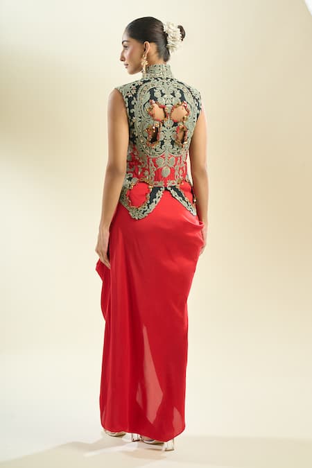Shop_Anamika Khanna_Red Cotton, Polyester Embroidery Collared Cutwork Jacket With Draped Skirt _at_Aza_Fashions