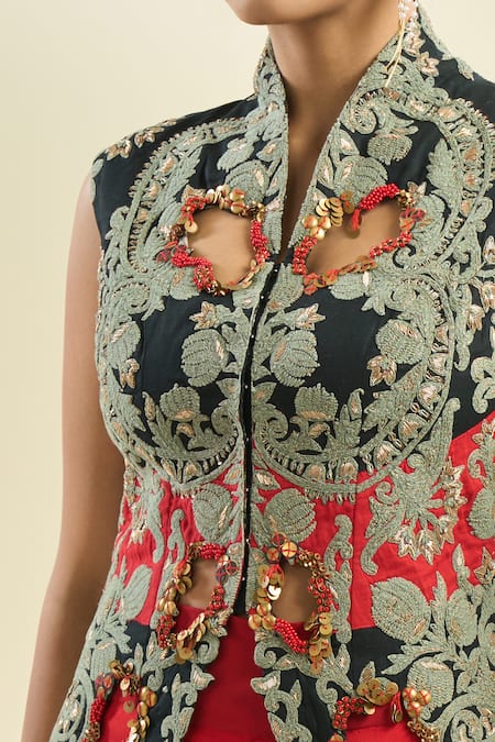Shop_Anamika Khanna_Red Cotton, Polyester Embroidery Collared Cutwork Jacket With Draped Skirt _Online_at_Aza_Fashions