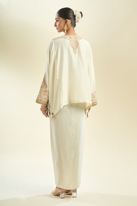 Shop_Anamika Khanna_Ivory Sequins, Pearls, Embroidery Round Neck Floral Kurta And Draped Skirt _at_Aza_Fashions