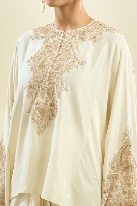 Anamika Khanna_Ivory Sequins, Pearls, Embroidery Round Neck Floral Kurta And Draped Skirt _Online_at_Aza_Fashions
