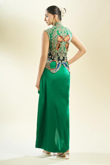 Shop_Anamika Khanna_Green Embroidery, Cut Work Collared Floral Jacket And Draped Skirt Set _at_Aza_Fashions