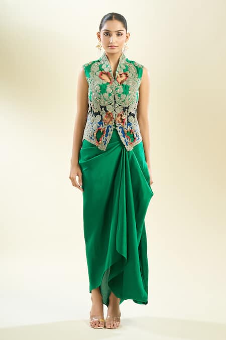 Anamika Khanna_Green Embroidery, Cut Work Collared Floral Jacket And Draped Skirt Set _Online_at_Aza_Fashions