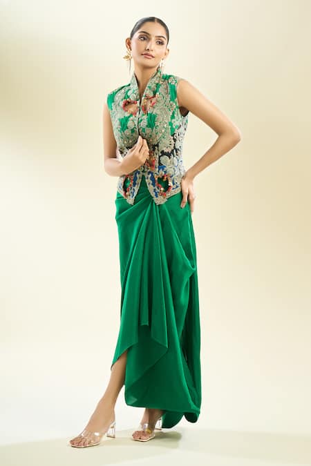 Buy_Anamika Khanna_Green Embroidery, Cut Work Collared Floral Jacket And Draped Skirt Set _Online_at_Aza_Fashions