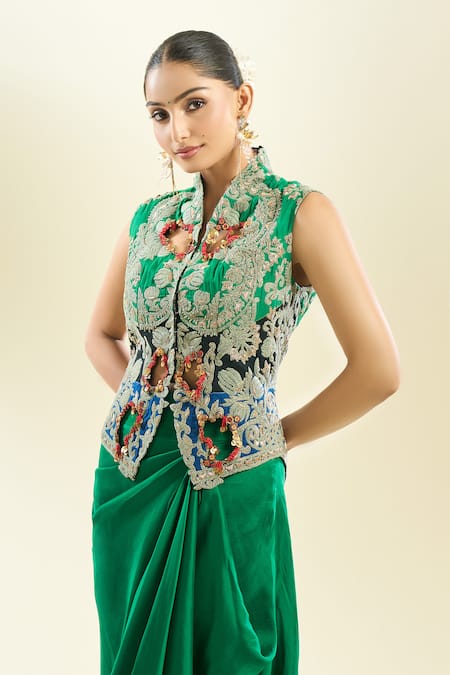 Anamika Khanna_Green Embroidery, Cut Work Collared Floral Jacket And Draped Skirt Set _at_Aza_Fashions