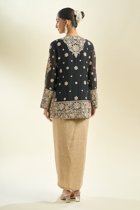 Shop_Anamika Khanna_Black Sequins, Pearls, Embroidery Round Neck Floral Kurta And Draped Skirt Set _at_Aza_Fashions