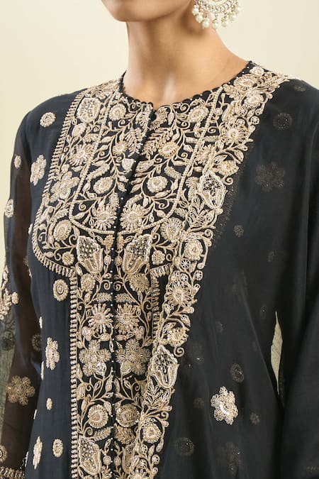 Anamika Khanna_Black Sequins, Pearls, Embroidery Round Neck Floral Kurta And Draped Skirt Set _Online_at_Aza_Fashions