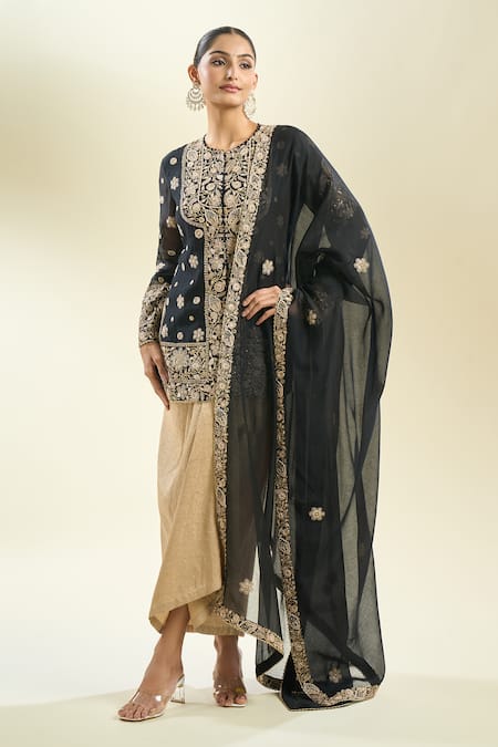 Shop_Anamika Khanna_Black Sequins, Pearls, Embroidery Round Neck Floral Kurta And Draped Skirt Set _Online_at_Aza_Fashions