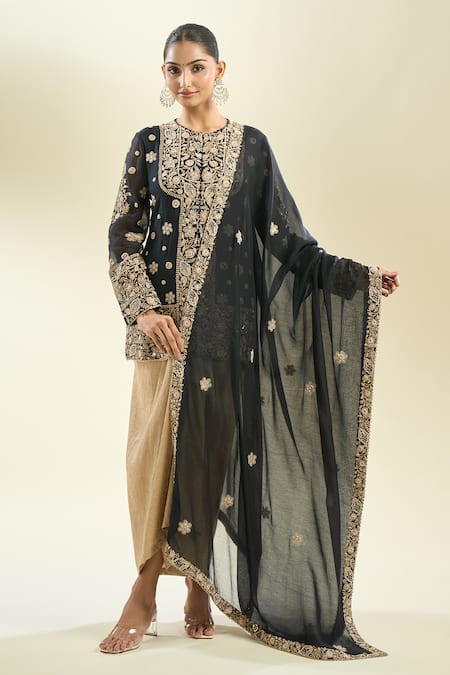 Anamika Khanna_Black Sequins, Pearls, Embroidery Round Neck Floral Kurta And Draped Skirt Set _at_Aza_Fashions