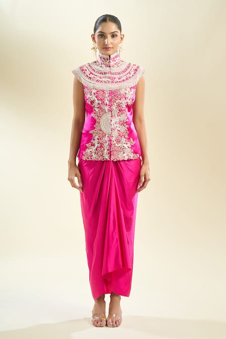 Buy_Anamika Khanna_Fuchsia Sequins, Pearls High Neck Floral Embroidered Cape Skirt Set _Online_at_Aza_Fashions