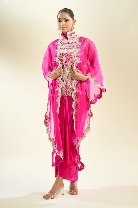 Shop_Anamika Khanna_Fuchsia Sequins, Pearls High Neck Floral Embroidered Cape Skirt Set _Online_at_Aza_Fashions