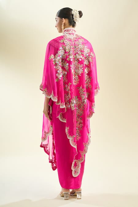 Shop_Anamika Khanna_Fuchsia Sequins, Pearls High Neck Floral Embroidered Cape Skirt Set _at_Aza_Fashions