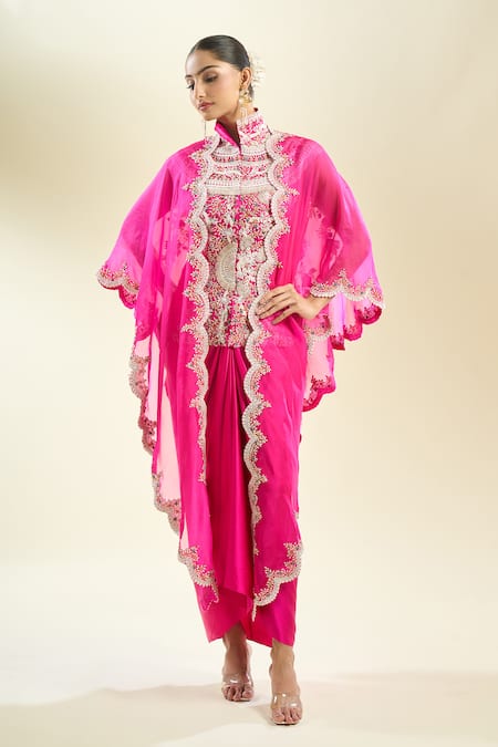 Anamika Khanna_Fuchsia Sequins, Pearls High Neck Floral Embroidered Cape Skirt Set _at_Aza_Fashions