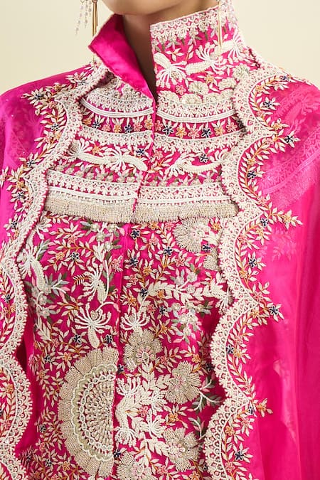 Buy_Anamika Khanna_Fuchsia Sequins, Pearls High Neck Floral Embroidered Cape Skirt Set 