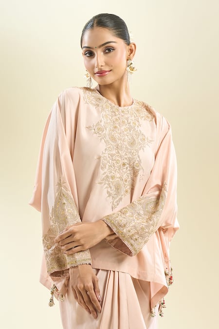 Anamika Khanna_Pink Sequins, Pearls, Zari Round Floral Embroidered Kurta And Draped Skirt Set _Online_at_Aza_Fashions