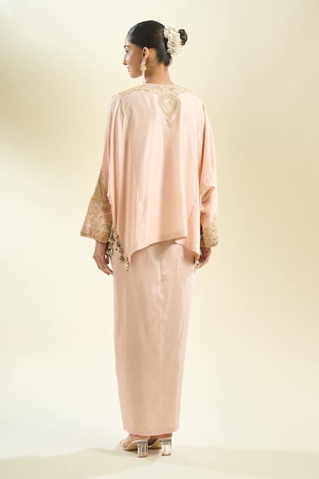 Shop_Anamika Khanna_Pink Sequins, Pearls, Zari Round Floral Embroidered Kurta And Draped Skirt Set _at_Aza_Fashions