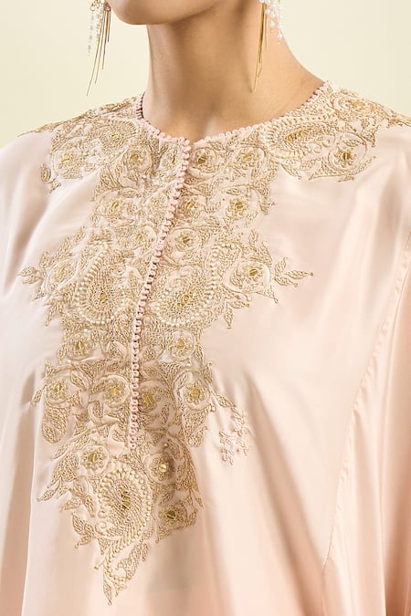Anamika Khanna_Pink Sequins, Pearls, Zari Round Floral Embroidered Kurta And Draped Skirt Set _at_Aza_Fashions