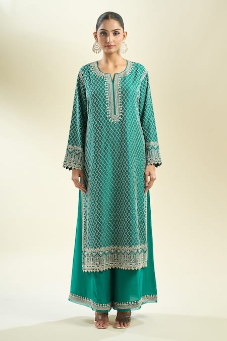 Buy_Anushree Reddy_Green Sequins, Beads, Cut Work, Embroidery Mandarin Floral Straight Kurta Set _Online_at_Aza_Fashions