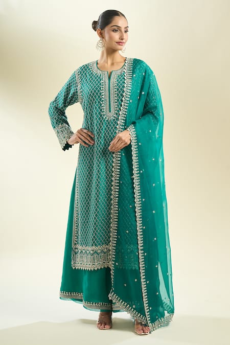 Shop_Anushree Reddy_Green Sequins, Beads, Cut Work, Embroidery Mandarin Floral Straight Kurta Set _Online_at_Aza_Fashions
