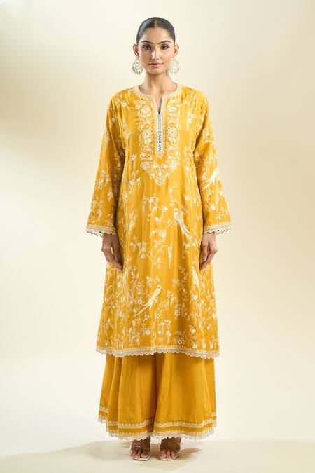 Buy_Anushree Reddy_Yellow Embroidery Aari Kurta Sharara Set _Online_at_Aza_Fashions