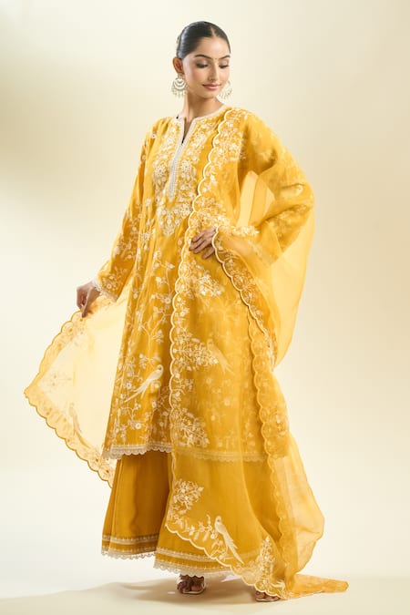 Shop_Anushree Reddy_Yellow Embroidery Aari Kurta Sharara Set _Online_at_Aza_Fashions