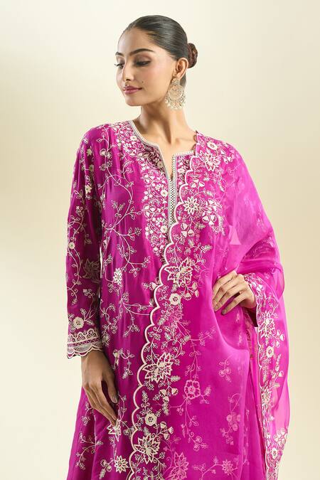 Shop_Anushree Reddy_Magenta Embroidery Open Neck Aari Kurta Pant Set _Online_at_Aza_Fashions