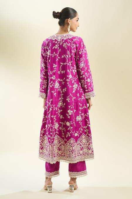 Shop_Anushree Reddy_Magenta Embroidery Open Neck Aari Kurta Pant Set _at_Aza_Fashions