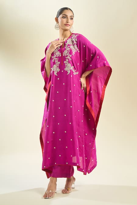 Buy_Anushree Reddy_Magenta Embroidery Open Neck Floral Kaftan And Pant Set _Online_at_Aza_Fashions