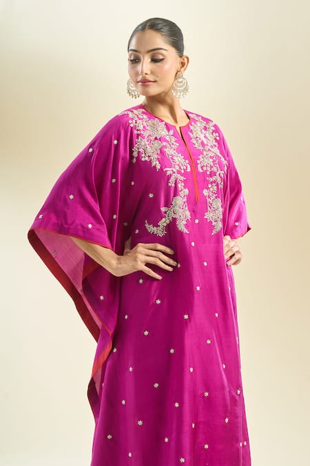 Shop_Anushree Reddy_Magenta Embroidery Open Neck Floral Kaftan And Pant Set _Online_at_Aza_Fashions