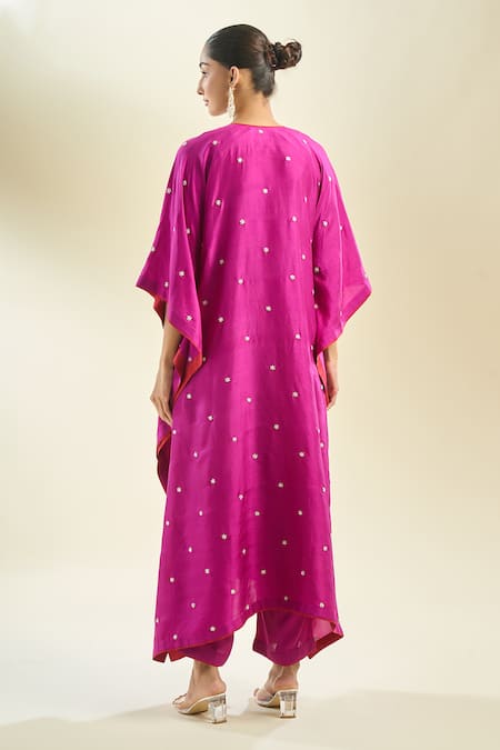 Shop_Anushree Reddy_Magenta Embroidery Open Neck Floral Kaftan And Pant Set _at_Aza_Fashions