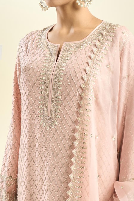 Anushree Reddy_Pink Cut Work, Sequins, Beads, Embroidery Open Neck Floral Kurta Set _Online_at_Aza_Fashions