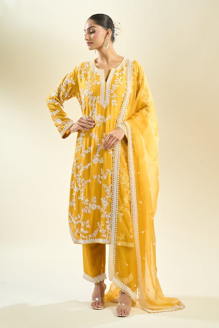 Buy Anushree Reddy Yellow Pearls Open Neck Floral Embroidered Kurta Set Online at Aza Fashions Buy_Anushree Reddy_Yellow Pearls Open Neck Floral Embroidered Kurta Set _Online_at_Aza_Fashions
