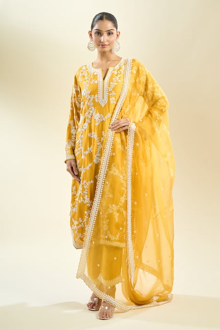 Shop Anushree Reddy Yellow Pearls Open Neck Floral Embroidered Kurta Set Online at Aza Fashions Shop_Anushree Reddy_Yellow Pearls Open Neck Floral Embroidered Kurta Set _Online_at_Aza_Fashions