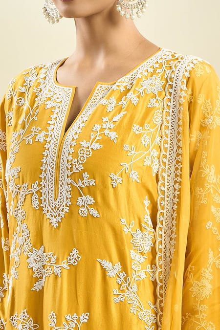 Anushree Reddy Yellow Pearls Open Neck Floral Embroidered Kurta Set at Aza Fashions Anushree Reddy_Yellow Pearls Open Neck Floral Embroidered Kurta Set _at_Aza_Fashions