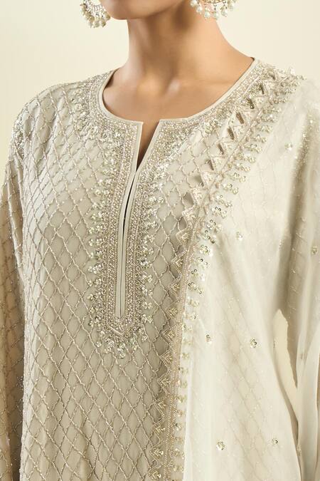 Anushree Reddy_Ivory Sequins, Beads, Embroidery Open Neck Floral Kurta Pant Set _Online_at_Aza_Fashions