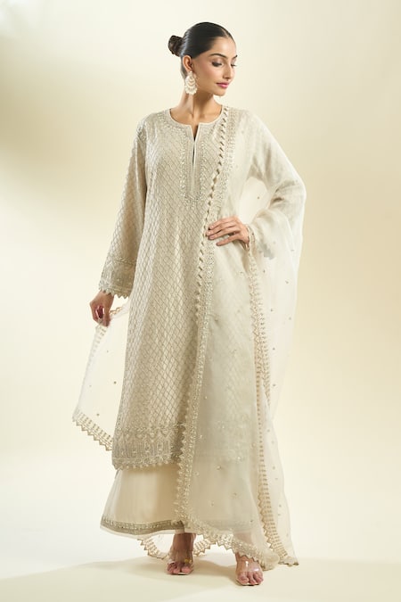 Buy_Anushree Reddy_Ivory Sequins, Beads, Embroidery Open Neck Floral Kurta Pant Set _Online_at_Aza_Fashions